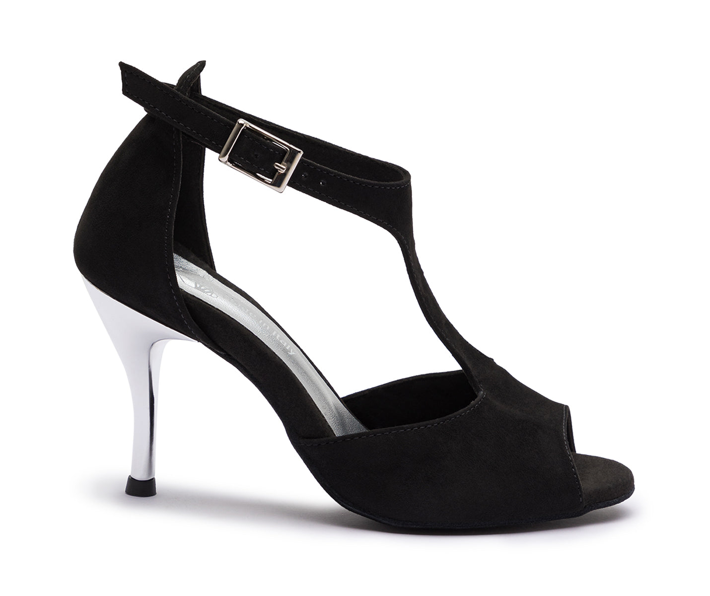 DQ1001 Tanzschuhe in Schwarz von Dancing Queens mit T-Riemen, silberner Schnalle und glänzendem silbernem Stiletto-Absatz.